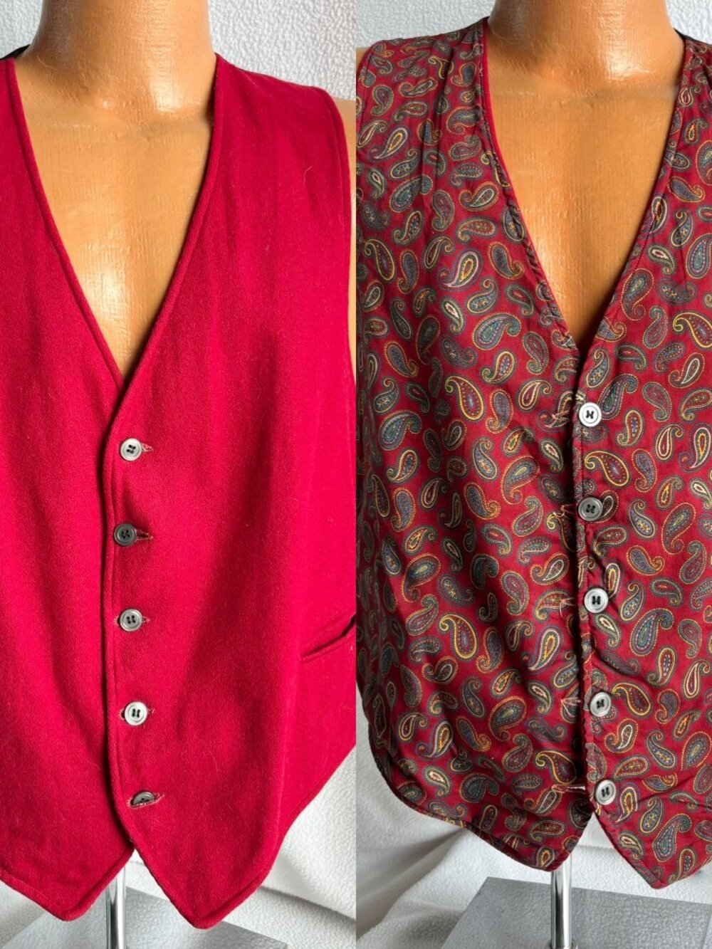 Vintage 1960s Red Wool & Paisley Reversible Vest 42 Chest